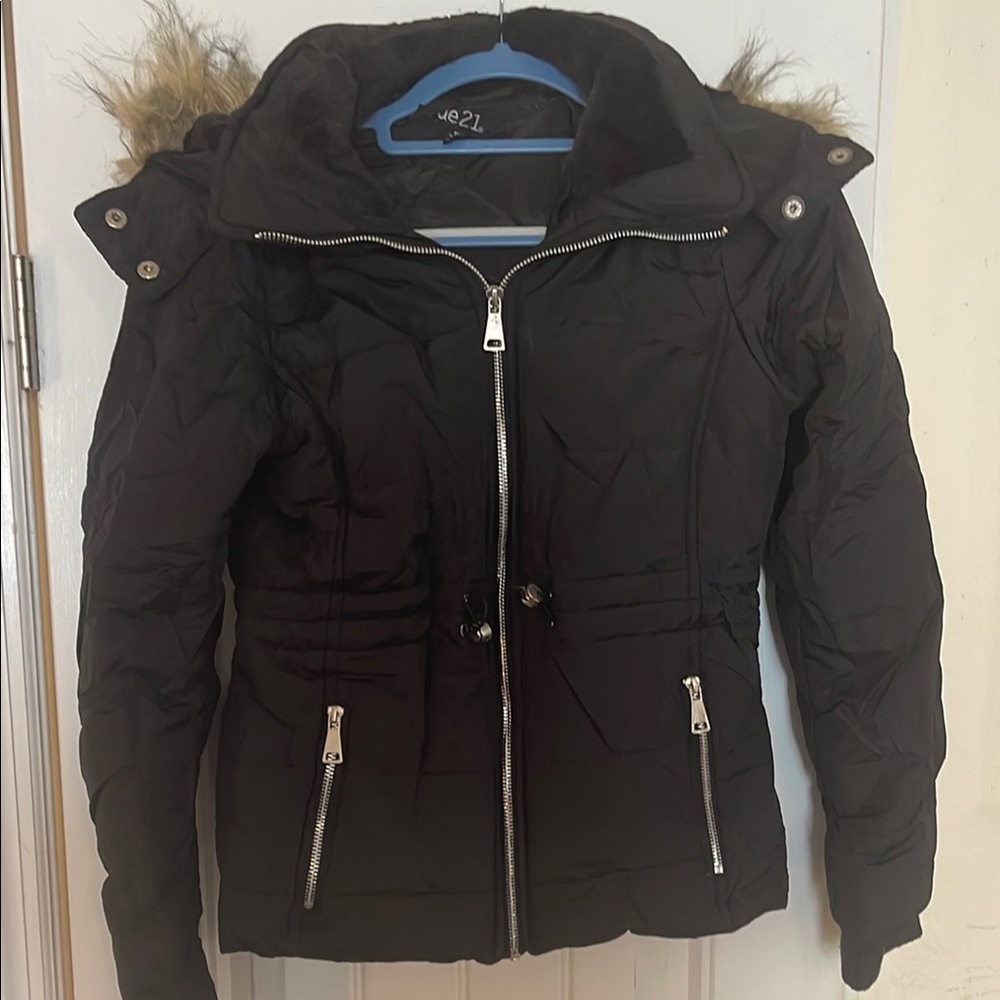 Women's Black Puffer Jacket with Faux Fur Hood